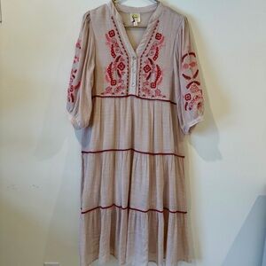 Fig and Flower Beige Dress with Red Embroidery